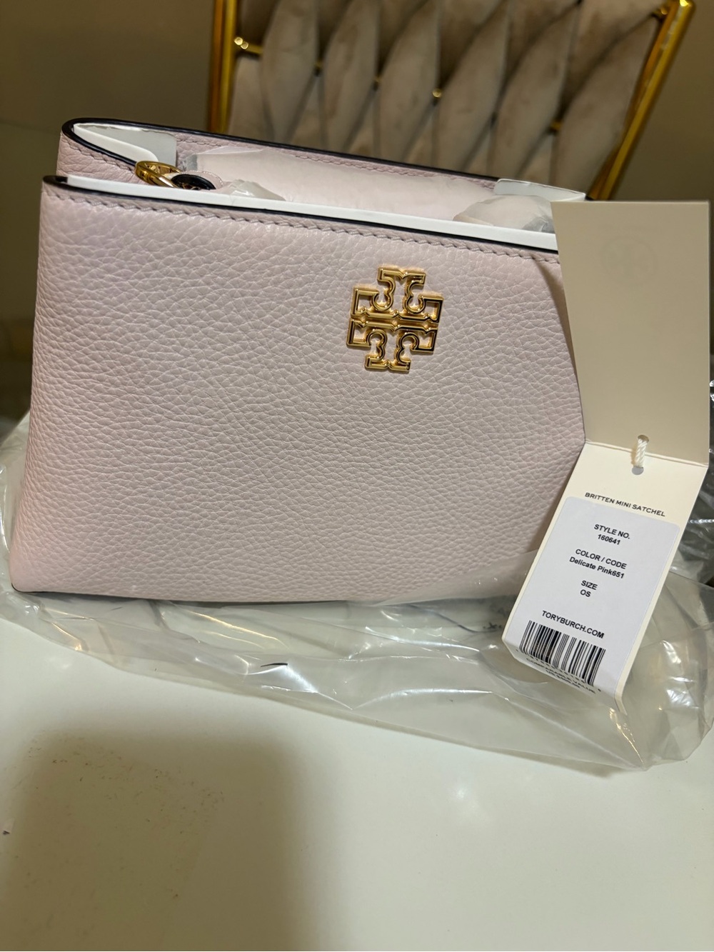 Tory Burch Pale Pink Pebbled Leather Crossbody with Gold Logo